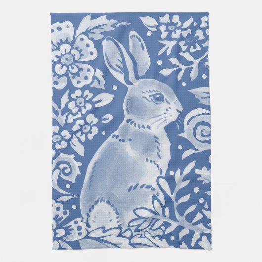 Cute Blue Bunny Rabbit Floral Elegant Animal Bar Theedoek (Verticaal)