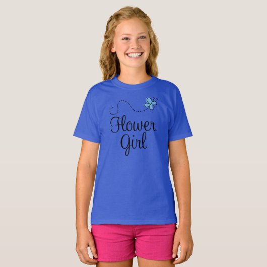 Cute Blue Butterfly Bloemenmeisje T-shirt (Voorkant volledig)