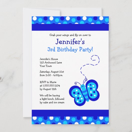 Cute Blue Butterfly w/ Polka Dots Birthday Invite Kaart (Voorkant)