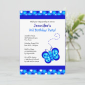 Cute Blue Butterfly w/ Polka Dots Birthday Invite Kaart (Staand voorkant)