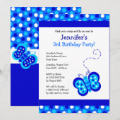 Cute Blue Butterfly w/ Polka Dots Birthday Invite Kaart (Voorkant / Achterkant)