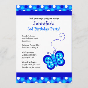 Cute Blue Butterfly w/ Polka Dots Birthday Invite Kaart