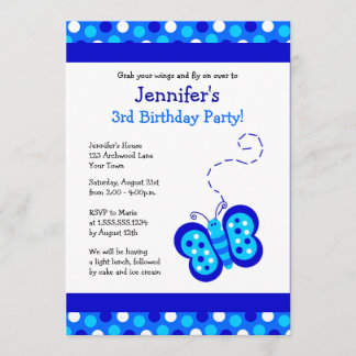 Cute Blue Butterfly w/ Polka Dots Birthday Invite Kaart