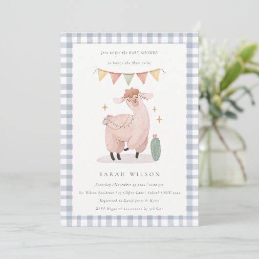 Cute Blue Cactus Boho Llama Baby shower Invite Bedankkaart (Staand voorkant)