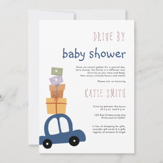 Cute Blue Car met cadeau Drive by Baby shower Kaart (Voorkant)