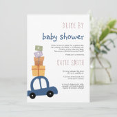 Cute Blue Car met cadeau Drive by Baby shower Kaart (Staand voorkant)