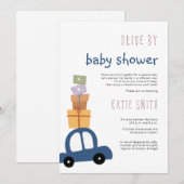 Cute Blue Car met cadeau Drive by Baby shower Kaart (Voorkant / Achterkant)