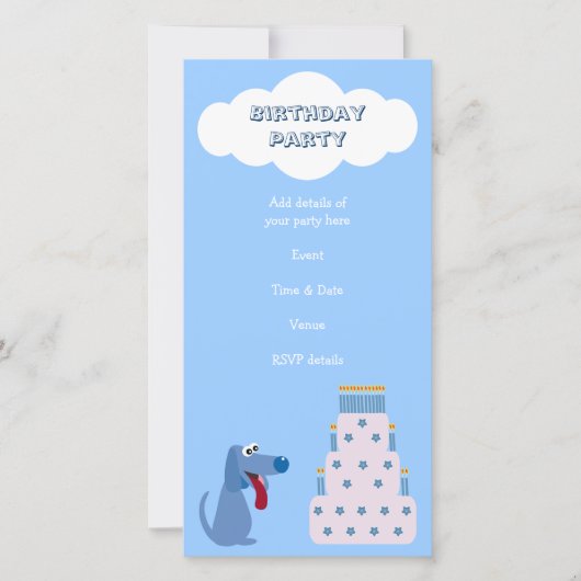Cute Blue Cartoon Dog & Birthday Cake Invitations (Voorkant)