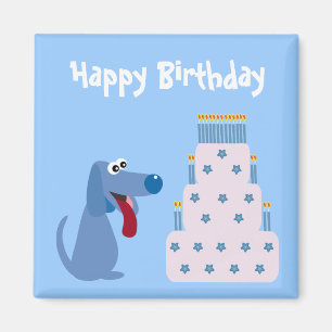 Cute blue cartoon dog & verjaardagstaart magnet