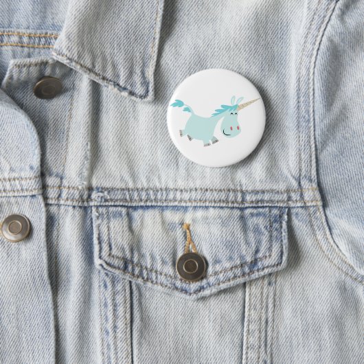 Cute Blue Cartoon Unicorn Button Badge (In situ)
