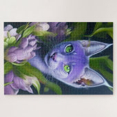 Cute blue cat in paarse bloemen legpuzzel (Horizontaal)