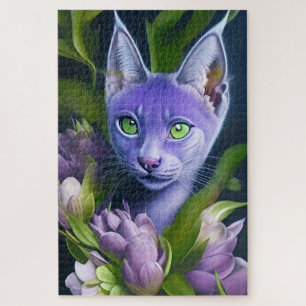 Cute blue cat in paarse bloemen legpuzzel