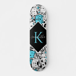 Cute Blue Cat Pattern Name & Initiaal Fun Cartoon Persoonlijk Skateboard