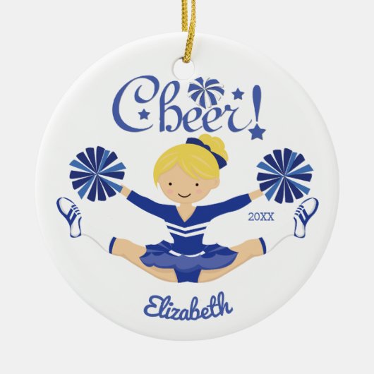 Cute Blue Cheer Blonde Cheerleader , gepersonalise Keramisch Ornament (Voorkant)