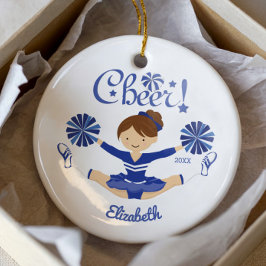 Cute Blue Cheer Brunette Cheerleader Ornament