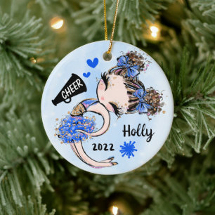 Cute Blue Cheerleader Girl Ornament Brown Hair