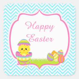 Cute Blue Chevrons Easter Chick Easter Egg Hunt Vierkante Sticker