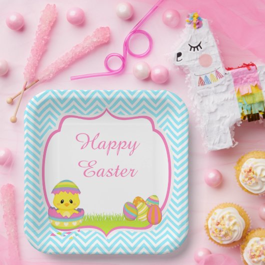 Cute Blue Chevrons Easter Easter Hunt Papieren Bordje (Feest)