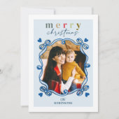 Cute Blue Christmas Bow Heart Frame Photo Feestdagenkaart (Voorkant)