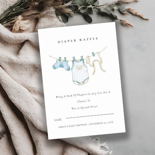 Cute Blue Clothesline Diaper Baby shower Raffle Kaart
