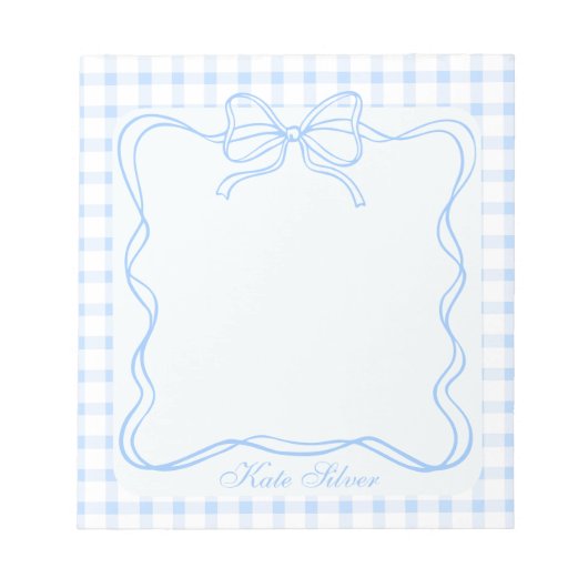 Cute Blue Coquette Bow Gingham Personalized Name Notitieblok (Voorkant)