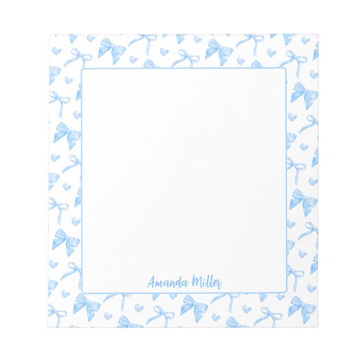 Cute Blue Coquette Bows Hearts Personalized Name Notitieblok (Voorkant)
