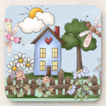 Cute Blue Country House Set of 6 Bier Onderzetter<br><div class="desc">Cute folk art of a little house,  picket fence,  flowers and dragonflies created by Trina Clark digiscrapkits.com. Layout design by Visages</div>