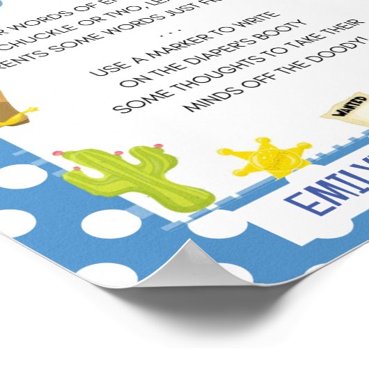Cute Blue Cowboy Baby shower Game Sign Poster (Hoek)