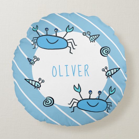 Cute Blue Crab Zee Animal Boy Name Rond Kussen (Voorkant)