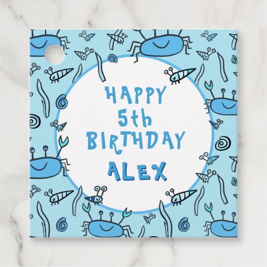 Cute Blue Crab Zee Animals Boy Happy Birthday Bedankjes Labels (Voorkant)