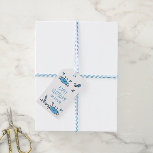 Cute Blue Crab Zee Animals Boy Happy Birthday Cadeaulabel (Met Touw)