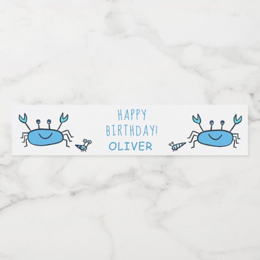 Cute Blue Crab Zee Animals Boy Happy Birthday Waterfles Etiket (Enkel label)