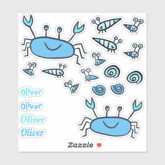 Cute Blue Crab Zee Animals Boy Name Sticker (Vel)