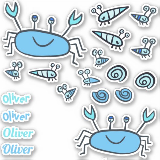 Cute Blue Crab Zee Animals Boy Name Sticker (Voorkant)