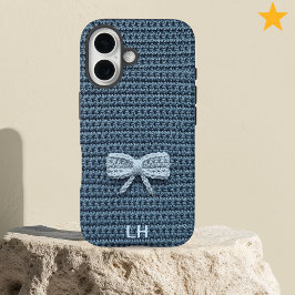 Cute Blue Crochet Bow Yarn Custom Name iPhone 16 Hoesje