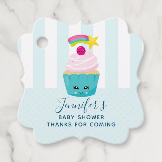 Cute Blue Cupcake met Kawaii Face Baby shower Bedankjes Labels (Voorkant)