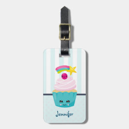 Cute Blue Cupcake met Kawaii Face Bagagelabel