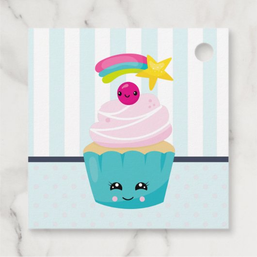 Cute Blue Cupcake met Kawaii Face Birthday Bedankt Bedankjes Labels (Achterkant)
