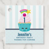 Cute Blue Cupcake met Kawaii Face Birthday Bedankt Bedankjes Labels (Voorkant)