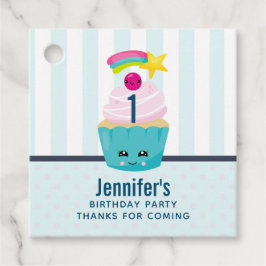 Cute Blue Cupcake met Kawaii Face Birthday Bedankt Bedankjes Labels
