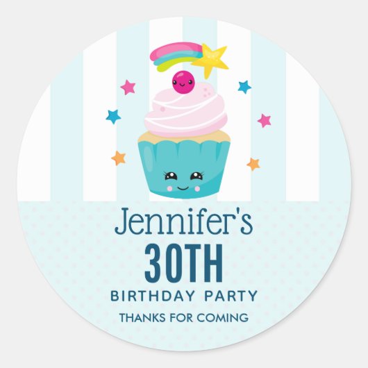 Cute Blue Cupcake met Kawaii Face Birthday Bedankt Ronde Sticker (Voorkant)