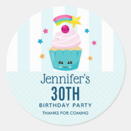 Cute Blue Cupcake met Kawaii Face Birthday Bedankt Ronde Sticker