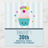 Cute Blue Cupcake met Kawaii Face Birthday Bedankt Wijn Etiket (Enkel label)