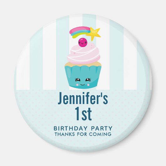Cute Blue Cupcake met Kawaii Face Birthday Favor Magneet (Voorkant)
