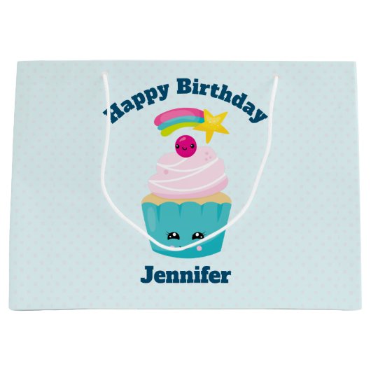 Cute Blue Cupcake met Kawaii Face Birthday Groot Cadeauzakje (Voorkant)