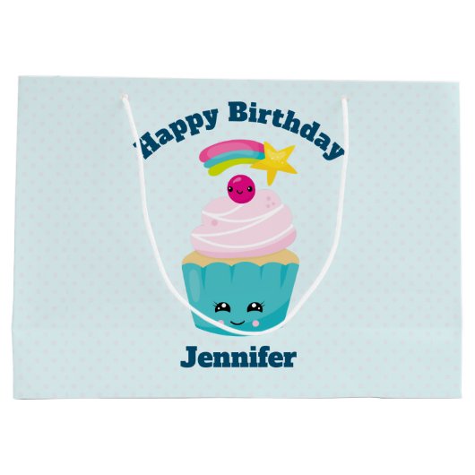 Cute Blue Cupcake met Kawaii Face Birthday Groot Cadeauzakje (Achterkant)