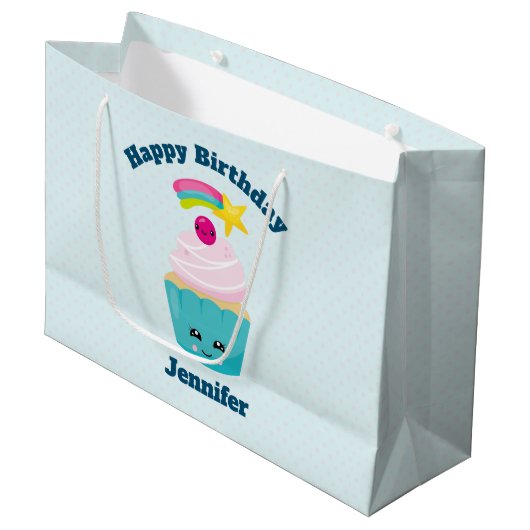 Cute Blue Cupcake met Kawaii Face Birthday Groot Cadeauzakje (Voorkant Gekanteld)