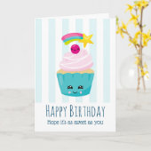 Cute Blue Cupcake met Kawaii Face Birthday Kaart (Gele Bloem)