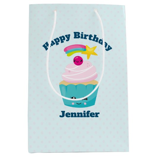 Cute Blue Cupcake met Kawaii Face Birthday Medium Cadeauzakje (Voorkant)
