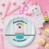 Cute Blue Cupcake met Kawaii Face Birthday Papieren Bordje (Feest)